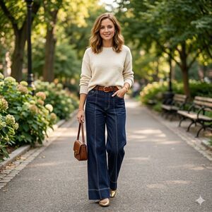 NWOT Commense Mid-Rise Blue Jeans Stretch Wide Leg Waist-Leg Stitch Trim Small